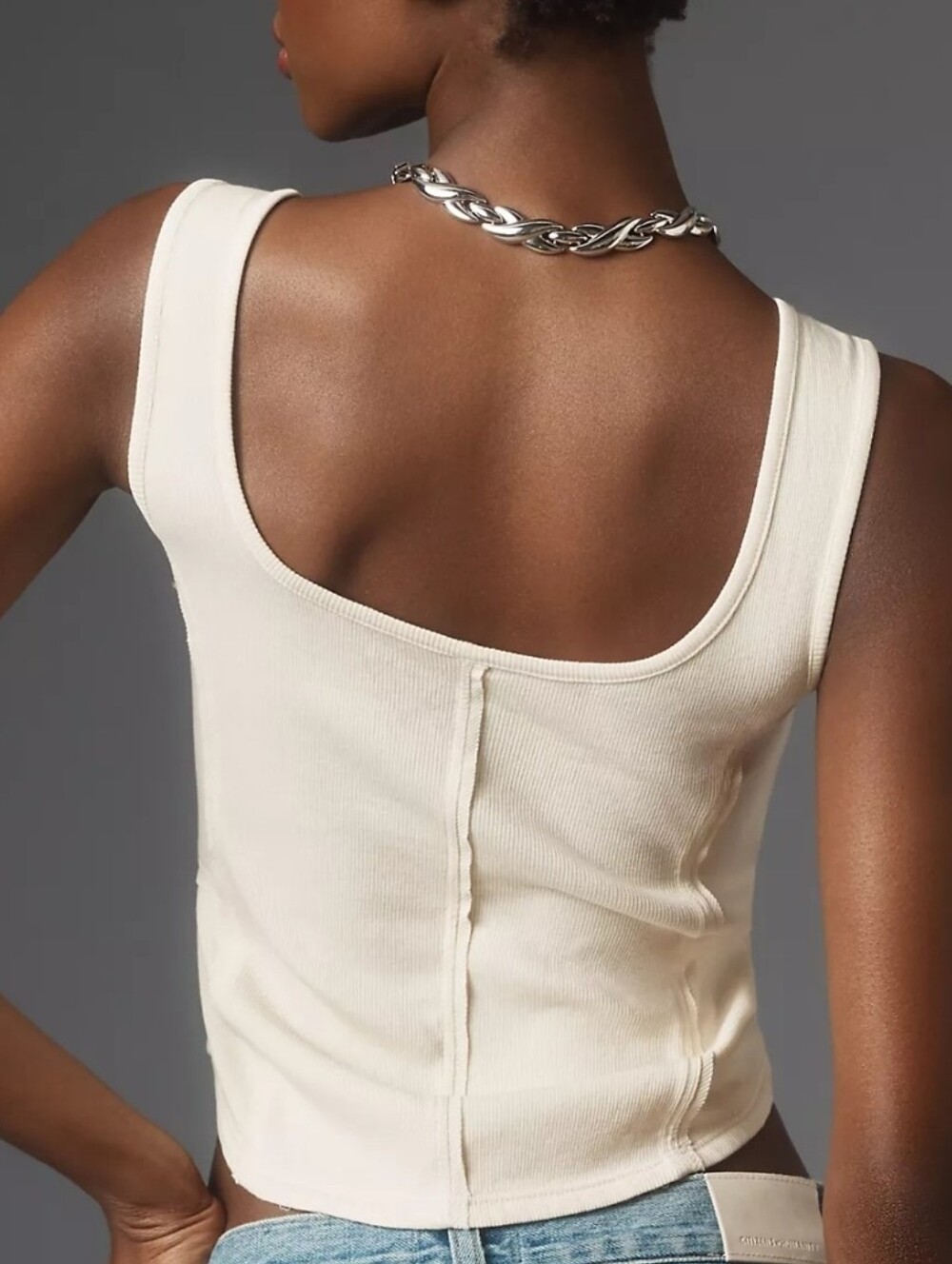 Anthropologie Cream Ribbed Snap-Front Tank Top - Picture 2 of 10